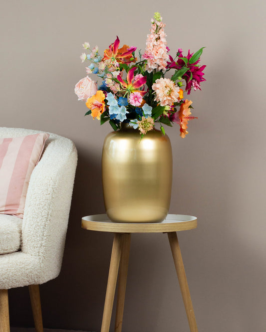 Duurzaam zijden boeket Pippa met roze, oranje en pastelkleuren, ideaal als decoratie voor ieder interieur of werkplek.